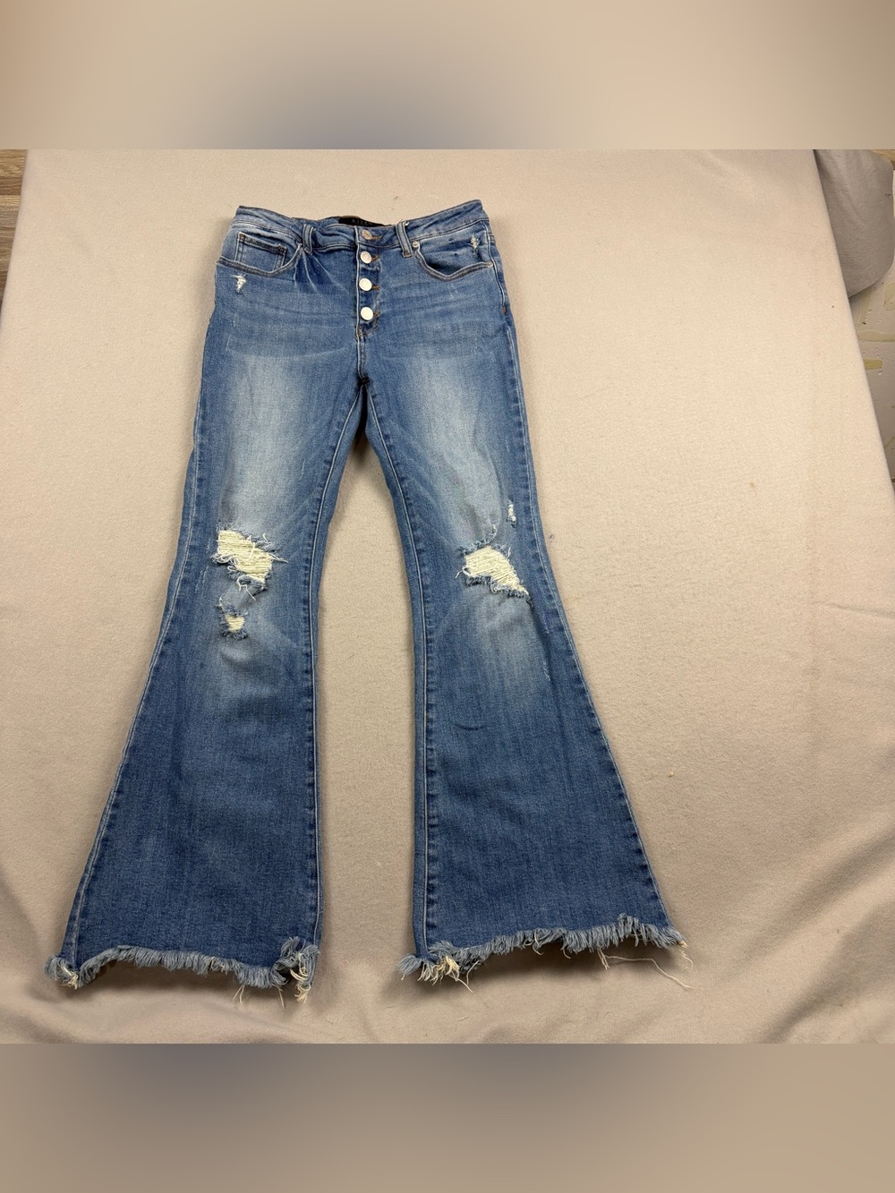 Risen Flare Jeans Womens 30/11 Distressed Raw Hem Button Fly Bell Bottom Boho